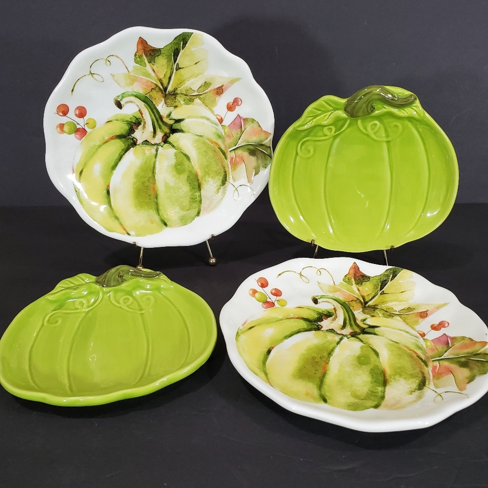 4 pc Set Pumpkin Plates Dessert Serving Fall Autumn Holiday 2 Green 2 Print